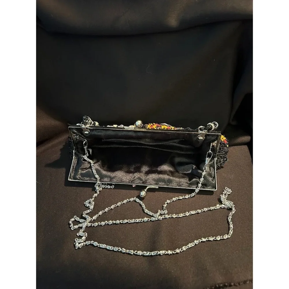 Vintage‎ Black Beaded Evening Bag Purse short and long handles